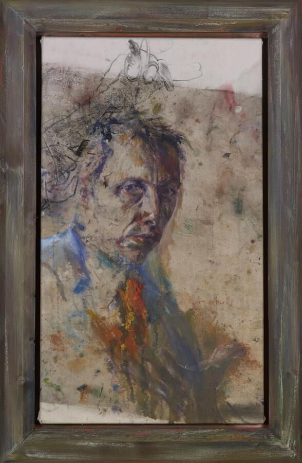 Sam Drukker, Zelfportret bij de kapper, 2002, olieverf en houtskool op doek, 70 x 40 cm, collectie Drents Museum